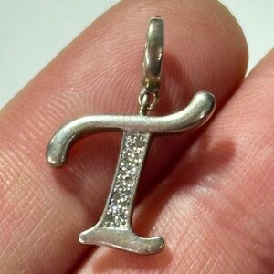 Silver 925 T Initial Script Monogram CZ Crystal Hinge Clasp Pendant Removable